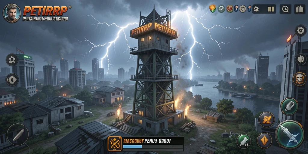 Tampilan gameplay <strong>PETIRRP</strong> yang menakjubkan saat melawan gelombang musuh.