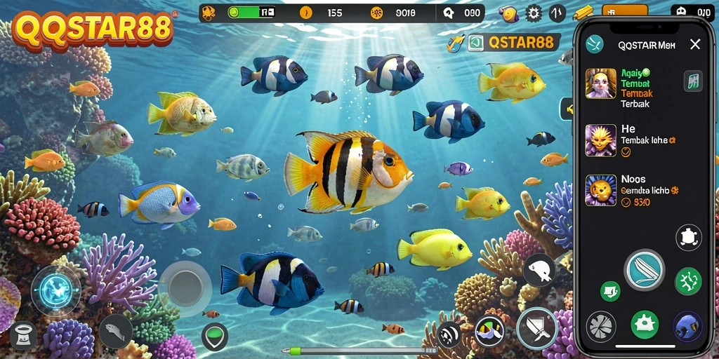 Screenshot gameplay QQSTAR88 yang menunjukkan aksi menembak ikan.
